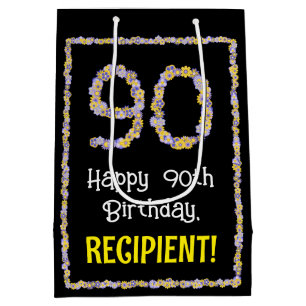 Sac Cadeau Moyen 90e anniversaire : Floral Flowers Numéro, Nom pers
