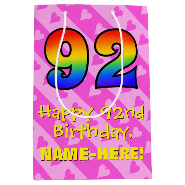 Sac Cadeau Moyen 92e anniversaire : Fun Pink Hearts Stripes; Rainbo (Devant)