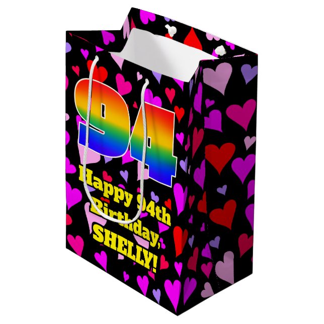 Sac Cadeau Moyen 94e anniversaire : Amour Hearts Motif, Arc en ciel (Devant Angle)