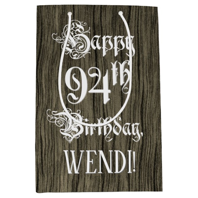 Sac Cadeau Moyen 94e anniversaire : fantaisie, Faux Wood Look + Nom (Devant)