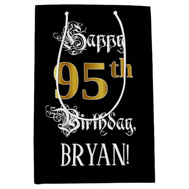 Sac Cadeau Moyen 95e anniversaire ~ Script fantaisie; Faux Gold Loo (Devant)