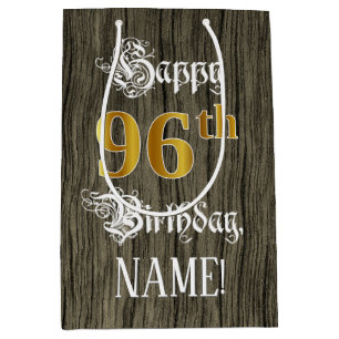 Sac Cadeau Moyen 96e Anniversaire : Aspect Or Faux et Motif Bois Fa