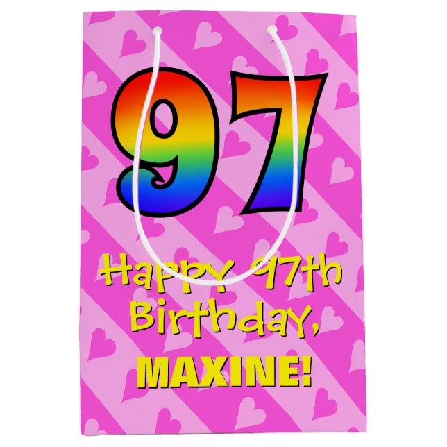 Sac Cadeau Moyen 97e anniversaire : Amusants Coeurs roses Stripes;  (Devant)
