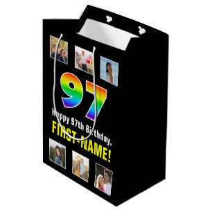 Sac Cadeau Moyen 97e anniversaire : Arc-en-ciel "97", photos et nom