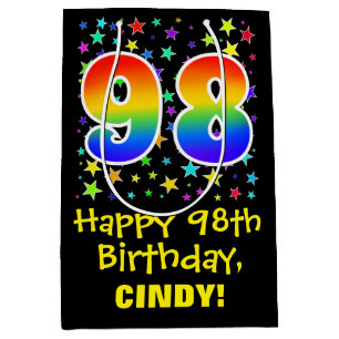 Sac Cadeau Moyen 98e anniversaire : Colorful Stars Motif & Rainbow 