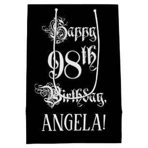 Sac Cadeau Moyen 98e anniversaire : fantaisie, élégant script + Nom