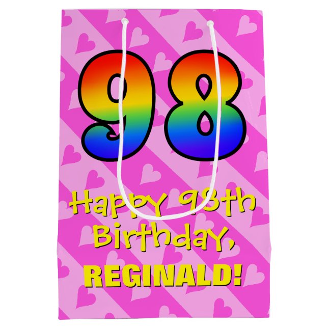 Sac Cadeau Moyen 98e anniversaire : Fun Pink Hearts Stripes; Rainbo (Dos)