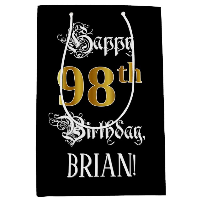 Sac Cadeau Moyen 98e anniversaire ~ Script fantaisie; Faux Gold Loo (Devant)