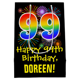 Sac Cadeau Moyen 99e anniversaire : Fun Fireworks Motif + Rainbow 9