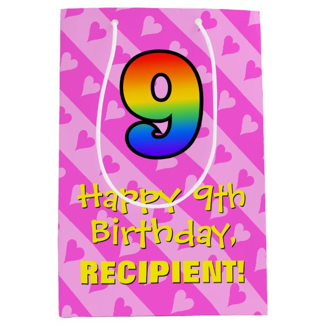 Sac Cadeau Moyen 9e anniversaire : Amusants Coeurs roses Stripes &  (Devant)