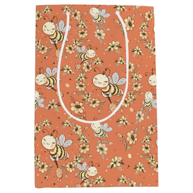 Sac Cadeau Moyen Abeille bourdon heureuse et fleurs fantaisistes (Devant)