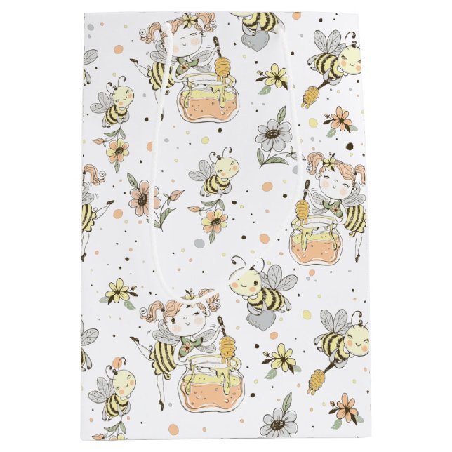 Sac Cadeau Moyen Abeilles De Miel, Fée & Bébé En Motif Sans Faille (Devant)