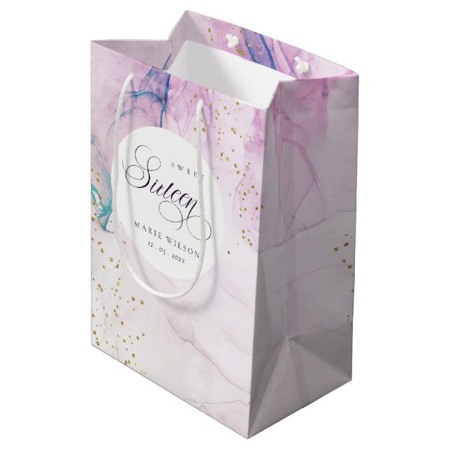 Sac Cadeau Moyen Abstrait Pastel Purple Blue Turquoise Sweet 16 Ann (Dos Angle)