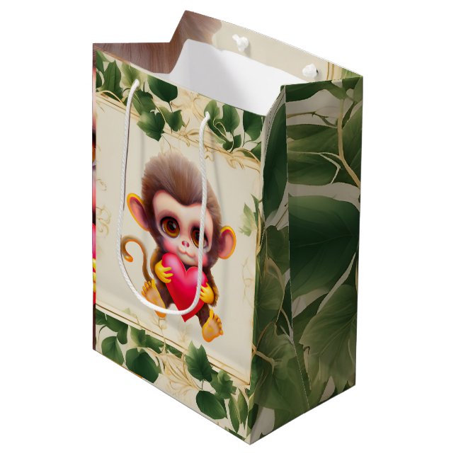 Sac Cadeau Moyen Adorable Jungle Saint-Valentin Singe (Devant Angle)