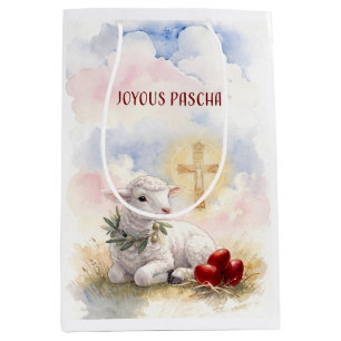 Sac Cadeau Moyen Agneau joyeux de Pâques, œufs rouges et croix