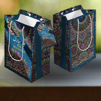 Sac Cadeau Moyen Aïd Moubarak motif ornemental Acier bleu