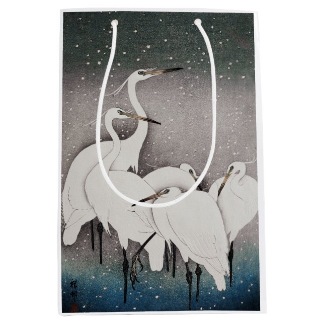 Sac Cadeau Moyen Aigrettes japonaises Grues Koson Neige d'hiver (Devant)