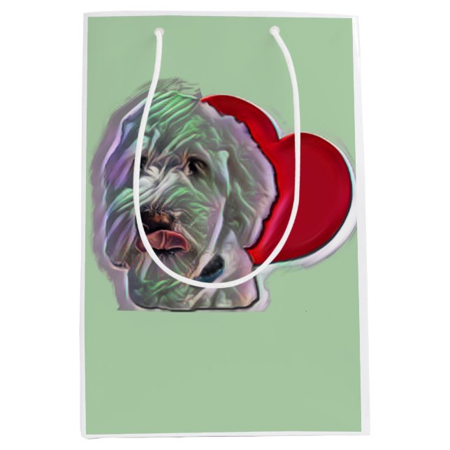 Sac Cadeau Moyen Aimer Blanc Goldendoodle PopArt avec Coeur (Devant)