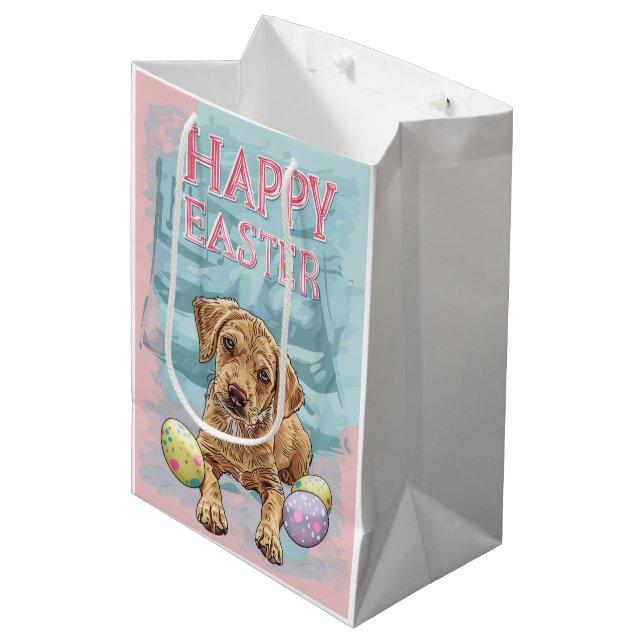 Sac Cadeau Moyen Airedale Chiot Joyeux Pâques (Devant Angle)