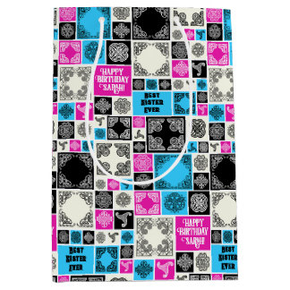 Sac Cadeau Moyen Ajouter Nom & Relation Anniversaire Magenta & Bleu