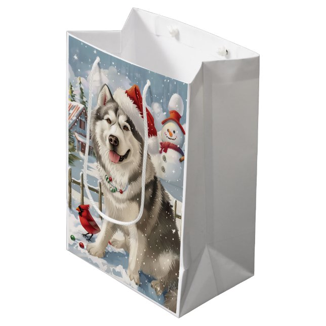 Sac Cadeau Moyen Alaskien Malamute Chien hiver Merveilles de Noël (Devant Angle)