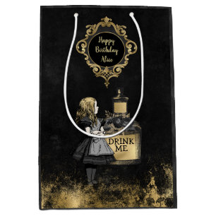 Sac Cadeau Moyen Alice Black et Gold personnalisées buvez-moi