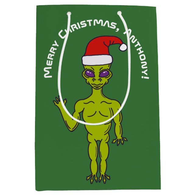 Sac Cadeau Moyen Alien spatial dans un chapeau de Père Noël personn (Devant)