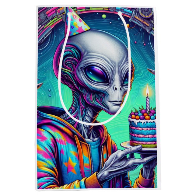 Sac Cadeau Moyen Alien tenant Birthday Cake (Devant)