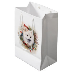 Sac Cadeau Moyen American Eskimo Christmas Wreath Festive Pup