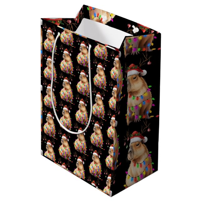 Sac Cadeau Moyen Amoureux des animaux Capybara Lumières Noël Cappy  (Dos Angle)