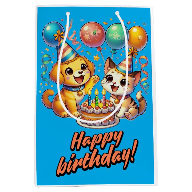 Sac Cadeau Moyen Amusants & mignonette Anniversaire Puppy & Kitten  (Devant)