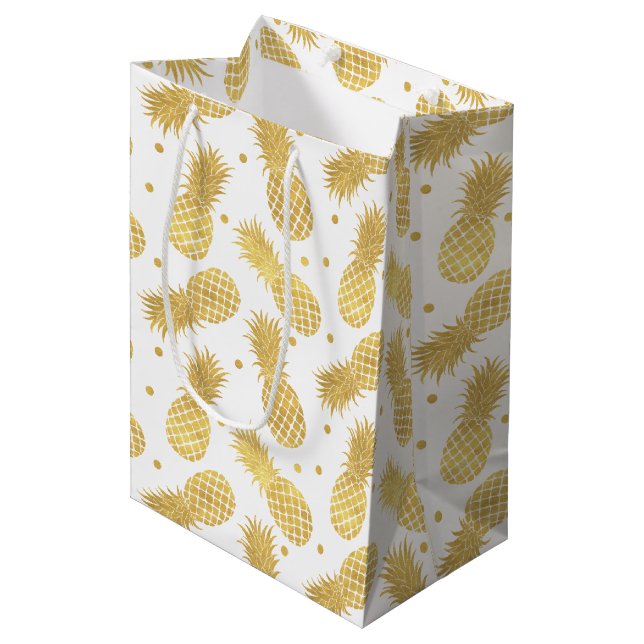 Sac Cadeau Moyen Ananas Glitzy en or (Devant Angle)