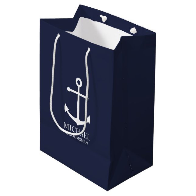 Sac Cadeau Moyen Ancre Bleue marine Nautique Groomsmen personnalisé (Devant Angle)