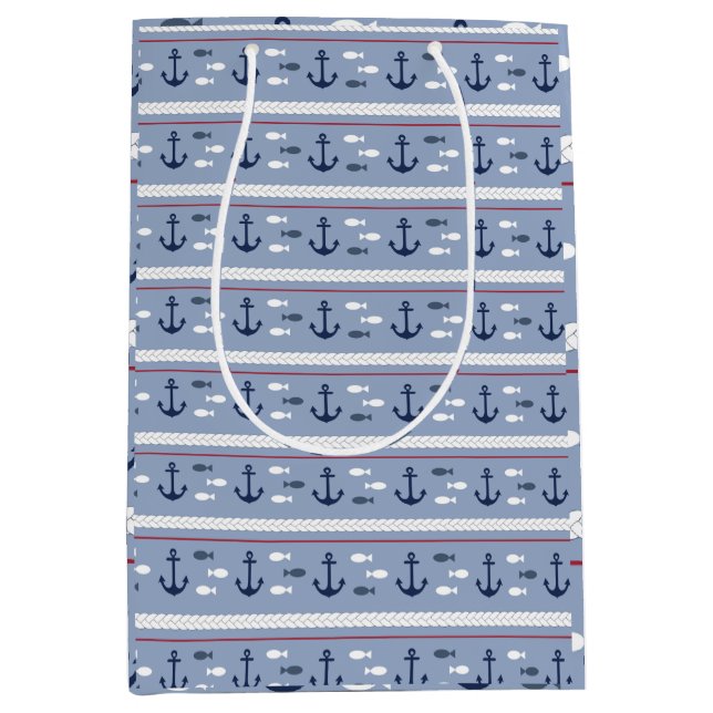 Sac Cadeau Moyen Ancres nautiques bleues et blanches (Devant)