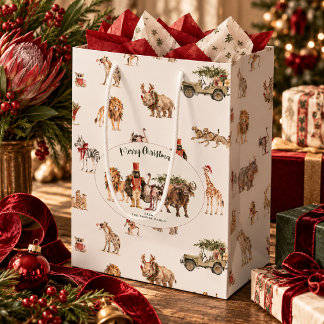 Sac Cadeau Moyen Animaux de safari aquarelle pour un Noël sauvage