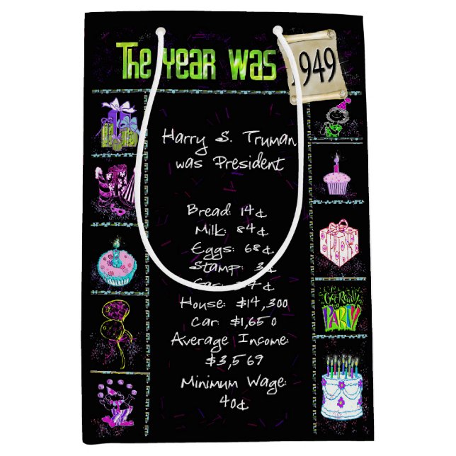 Sac Cadeau Moyen Année De Naissance 1949 Fun Trivia On Black (Devant)