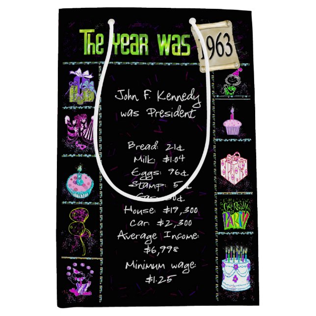 Sac Cadeau Moyen Année De Naissance 1963 Fun Trivia On Black (Devant)