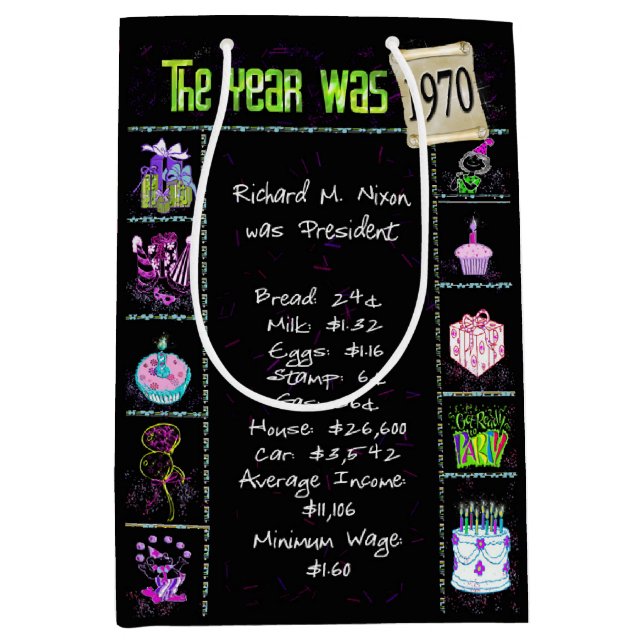 Sac Cadeau Moyen Année De Naissance 1970 Fun Trivia On Black (Devant)