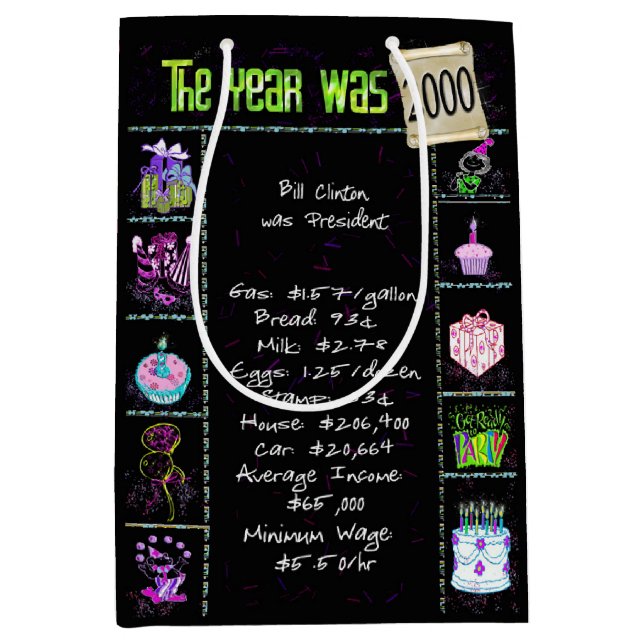 Sac Cadeau Moyen Année de naissance 2000 Fun Trivia Sur Noir (Devant)