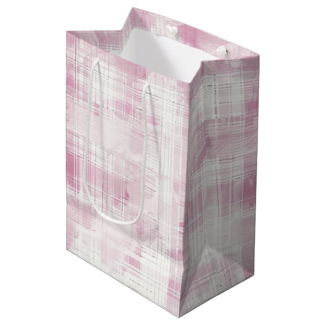 Sac Cadeau Moyen Anniversaire à rayures blanches et carreaux roses (Devant Angle)