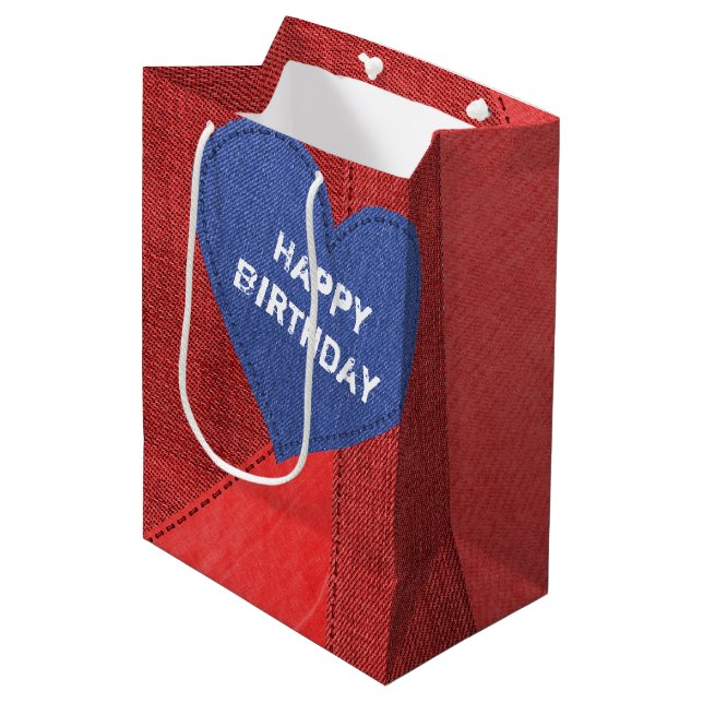 Sac Cadeau Moyen Anniversaire Bleu Denim Coeur Moyen Cadeau (Devant Angle)