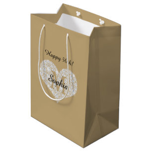 Sac Cadeau Moyen Anniversaire, Coeur Diamant, Monogramme Or, Nom