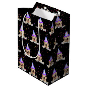 Sac Cadeau Moyen Anniversaire de Golden Retriever avec confetti