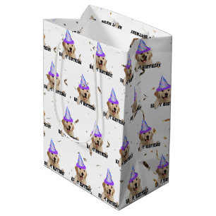 Sac Cadeau Moyen Anniversaire de Golden Retriever avec confetti