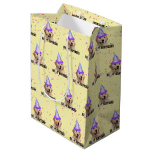 Sac Cadeau Moyen Anniversaire de Golden Retriever avec confetti