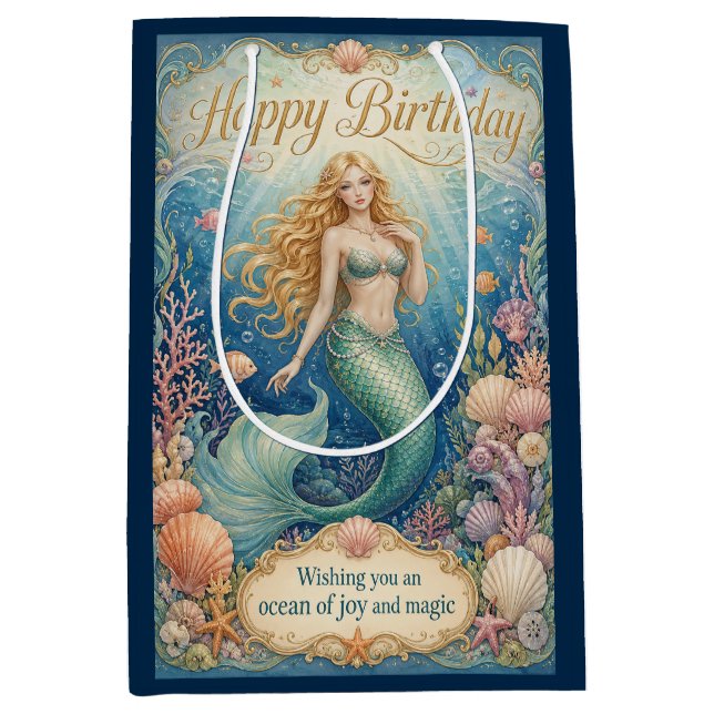Sac Cadeau Moyen Anniversaire de sirène enchantée sous les vagues (Devant)