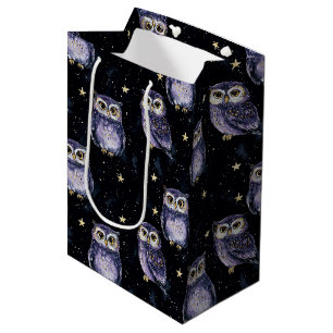 Sac Cadeau Moyen Anniversaire Étoiles Magiques Hiboux Violets