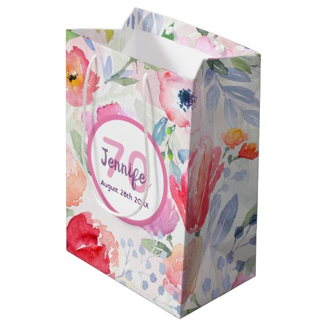 Sac Cadeau Moyen Anniversaire fleurs roses nom monogramme (Dos Angle)
