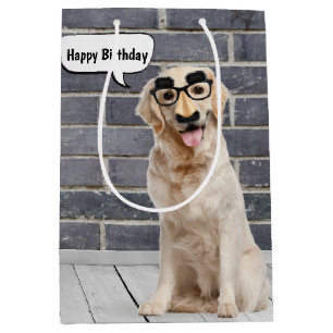 Sac Cadeau Moyen Anniversaire Golden Retriever avec Masque Mustache