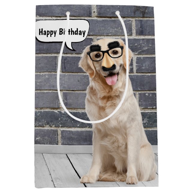 Sac Cadeau Moyen Anniversaire Golden Retriever avec Masque Mustache (Devant)